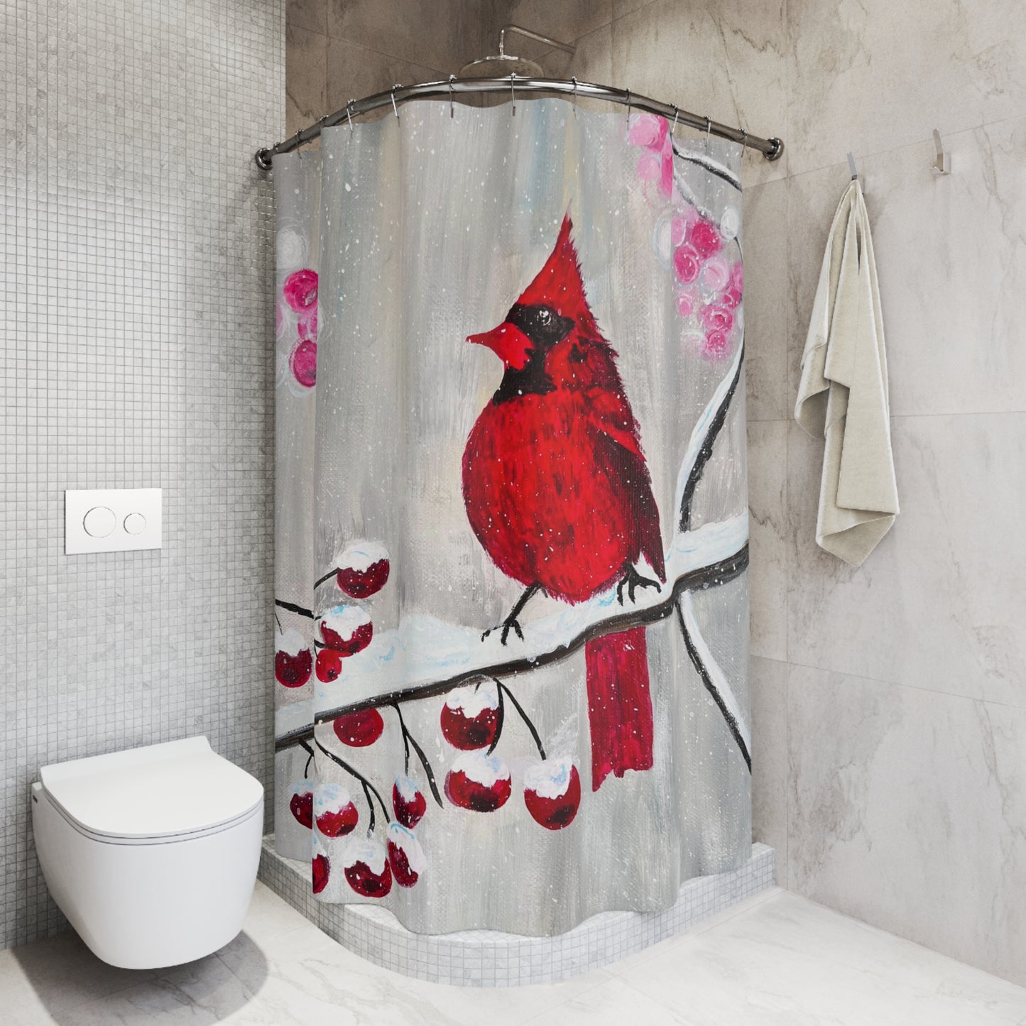 Winter Berry Cardinal Polyester Shower Curtain