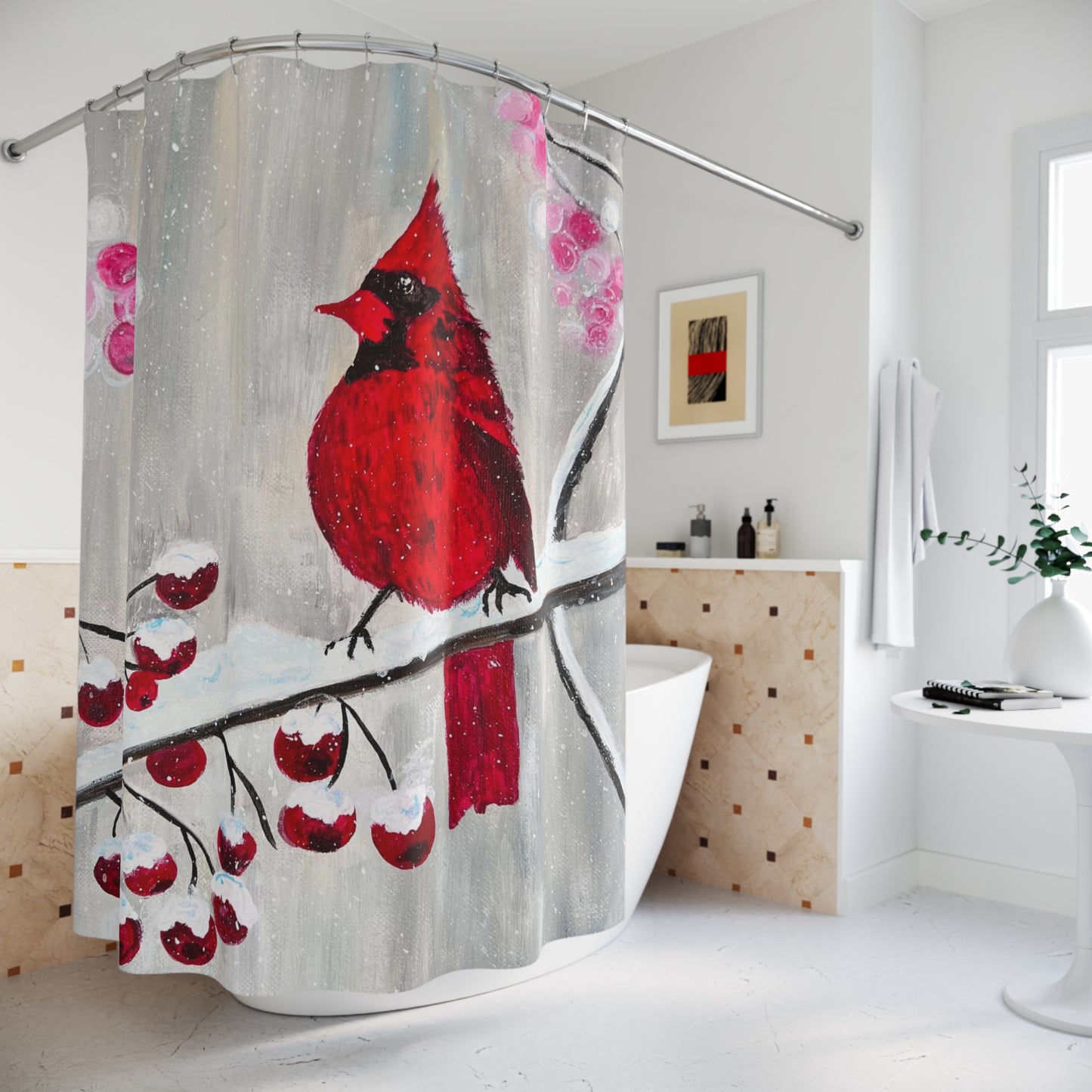 Winter Berry Cardinal Polyester Shower Curtain